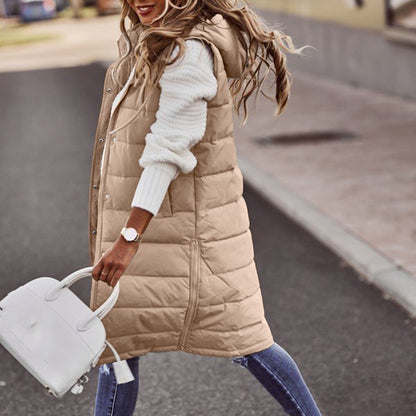 Lange Damen Steppweste mit Kapuze - Winterjacke