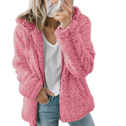 Damen Teddy-Pelzmantel Fleecemantel mit Reißverschluss und Taschen