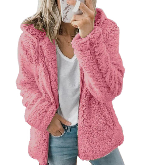 Damen Teddy-Pelzmantel Fleecemantel mit Reißverschluss und Taschen
