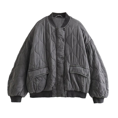 Graue Damen Bomberjacke Lockerer Schnitt, Oversize Steppjacke