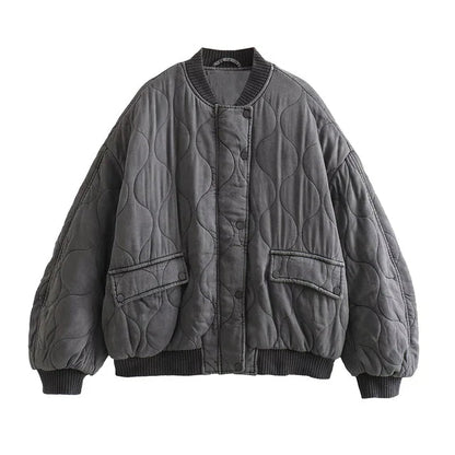 Graue Damen Bomberjacke Lockerer Schnitt, Oversize Steppjacke