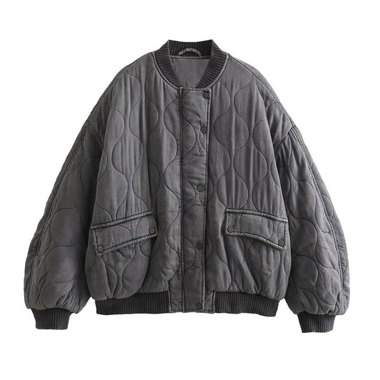 Graue Damen Bomberjacke Lockerer Schnitt, Oversize Steppjacke