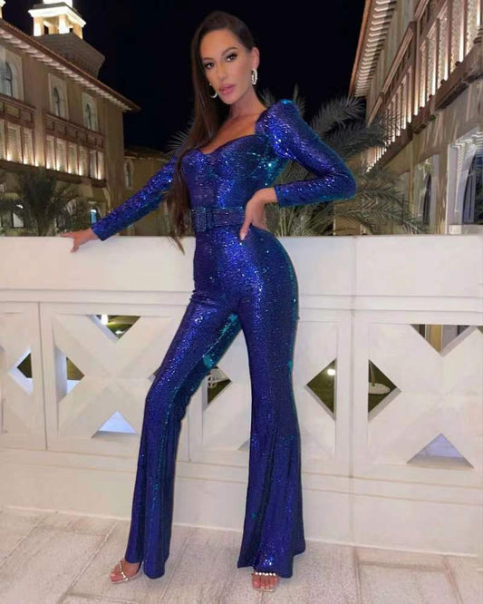 Pailletten Jumpsuit Langarm - Glamouröser Festtags-Overall