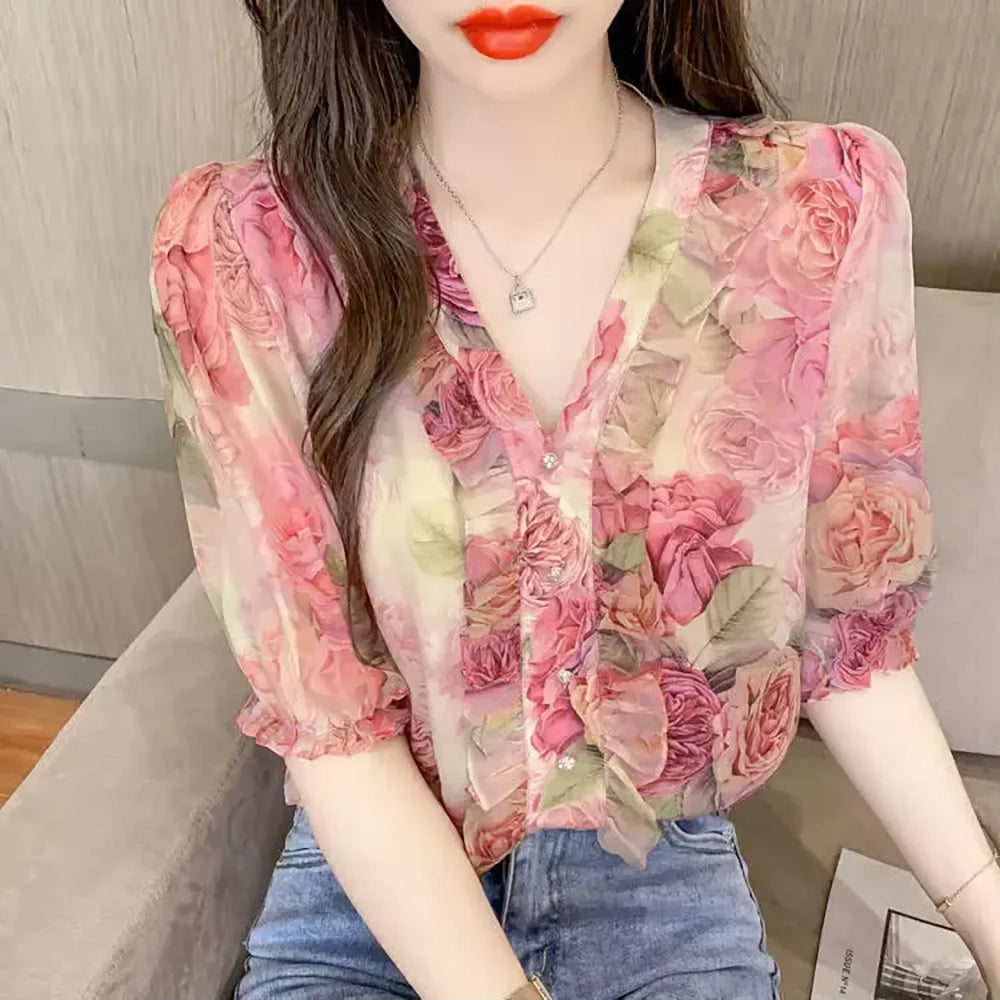 Damen Bluse mit Blumenmuster Sommer-Chiffon Shirt mit kurzen Ärmeln in Rosa Elegant & Stylisch