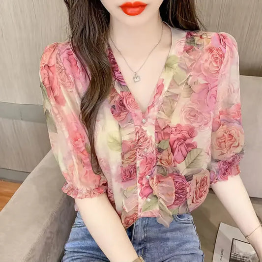 Damen Bluse mit Blumenmuster Sommer-Chiffon Shirt mit kurzen Ärmeln in Rosa Elegant & Stylisch