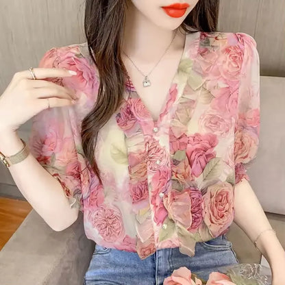 Damen Bluse mit Blumenmuster Sommer-Chiffon Shirt mit kurzen Ärmeln in Rosa Elegant & Stylisch