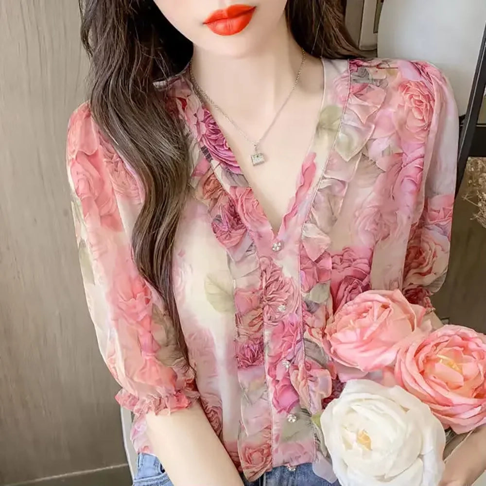 Damen Bluse mit Blumenmuster Sommer-Chiffon Shirt mit kurzen Ärmeln in Rosa Elegant & Stylisch