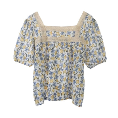 Damen Bluse mit quadratischem Ausschnitt Sommerliches Chiffon-Shirt mit Blumenmuster Lockerer, eleganter Doll-Style