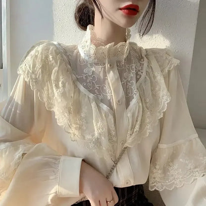 Damen Bluse mit Rüschen Lockerer Vintage-Stil mit Stehkragen und langen Ärmeln Perfekt für den Herbst