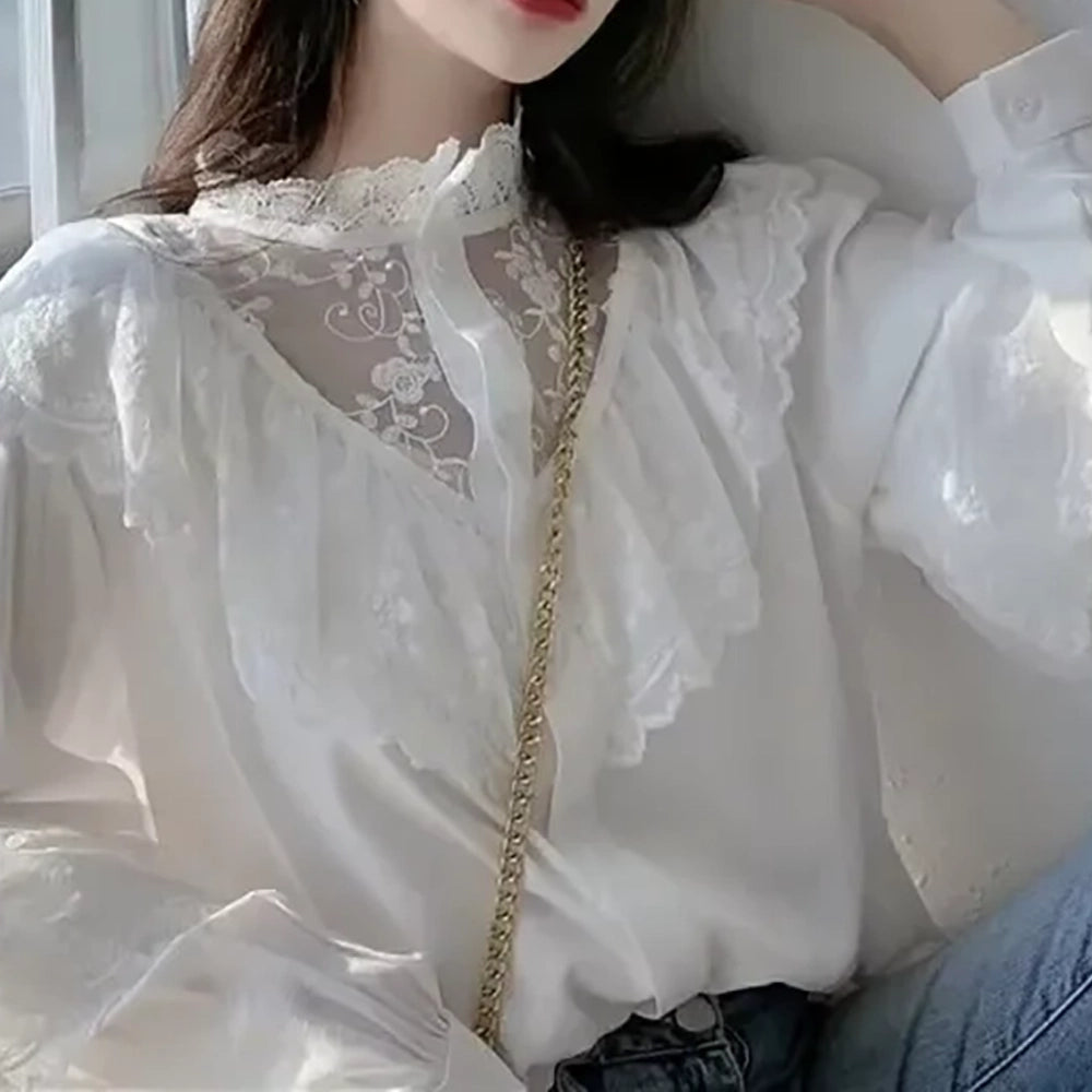Damen Bluse mit Rüschen Lockerer Vintage-Stil mit Stehkragen und langen Ärmeln Perfekt für den Herbst