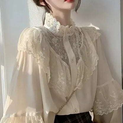 Damen Bluse mit Rüschen Lockerer Vintage-Stil mit Stehkragen und langen Ärmeln Perfekt für den Herbst