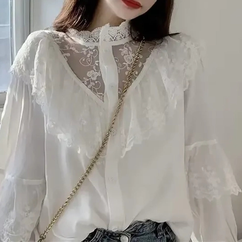 Damen Bluse mit Rüschen Lockerer Vintage-Stil mit Stehkragen und langen Ärmeln Perfekt für den Herbst